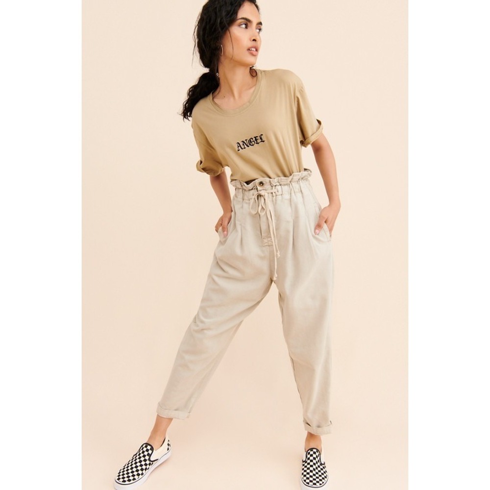Free People Women's Margate Pleated Paperbag Waist Trouser Pants Beige Size M